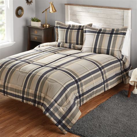 mainstays full or queen plaid printed black and tan comforter mini set 3