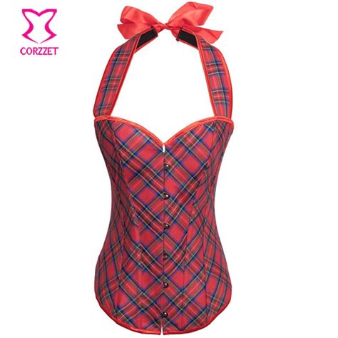 school girl cosplay red plaid cotton halter sexy overbust bustier