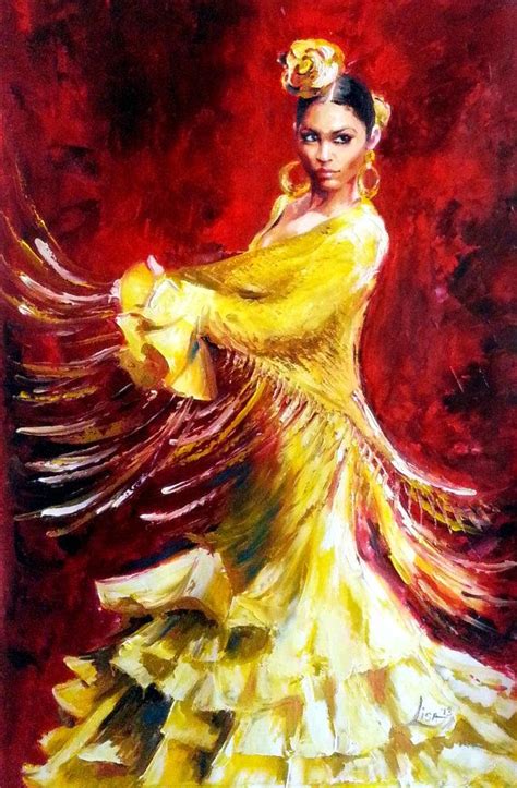 Original Peinture à L’huile Flamenco Dancer Robe Jaune Grande
