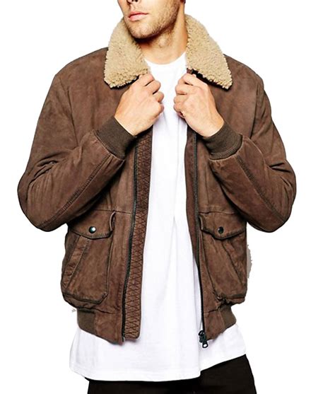 mens bomber brown leather jacket  sherpa fur collar jackets creator