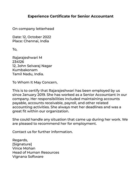 experience certificate letter format  sample