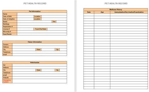 printable pet health record template excel fillable form