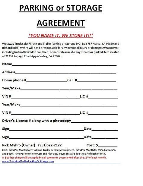 storage unit contract template beautiful   rv storage contract