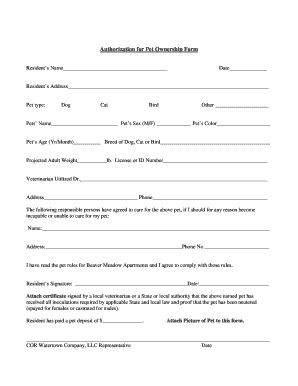 authorization  pet ownership form beaver meadow apartments fill