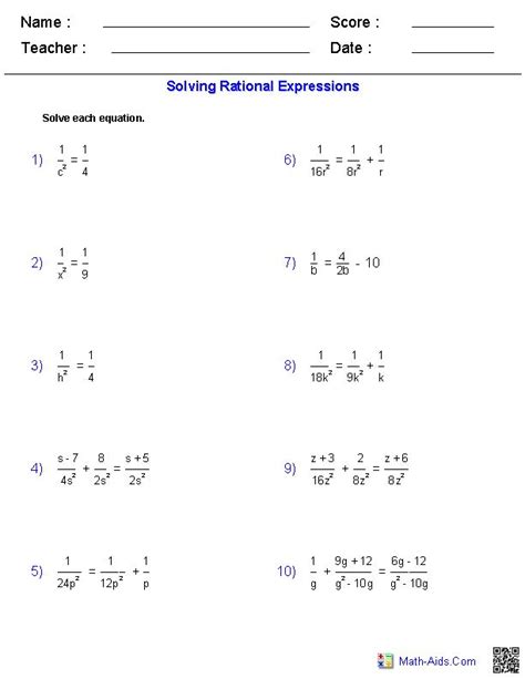 solving rational equations worksheets math aidscom pinterest