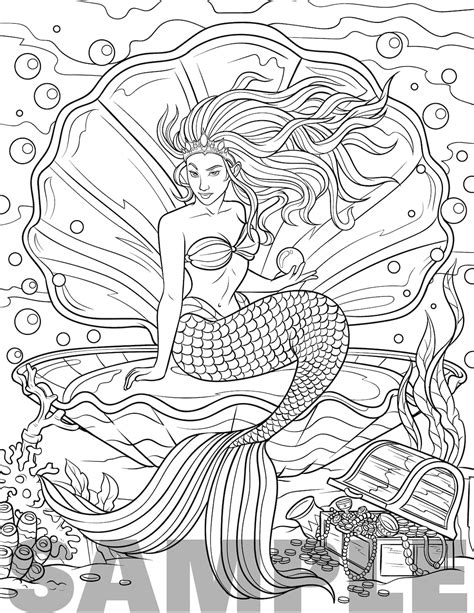 mermaid coloring page for adults etsy