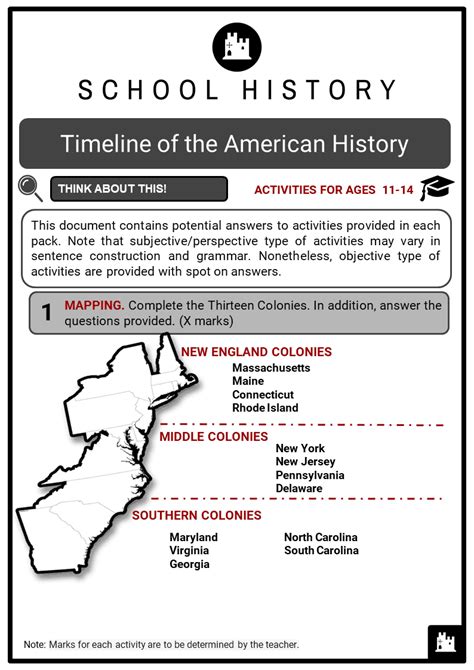 timeline  american history facts worksheets  timeframes