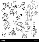 Oggetti Spaziali Disegnato Animati Cartoni Stile Scarabocchio Simboli Vettore sketch template
