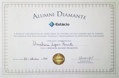 certificado da medalha alumni diamante outorgada pela universidade estacio de sa umeharacombr