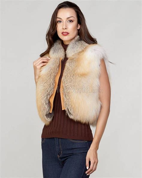 laila golden fox fur vest with leather shawl lapel fox
