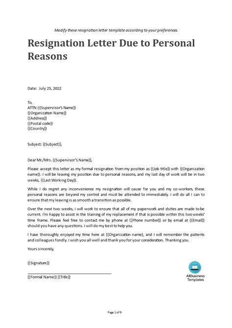 due  personal reason resignation letter templates