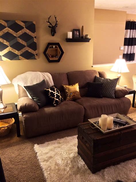 modern feel  black  gold   vintage twist living room decor brown couch brown