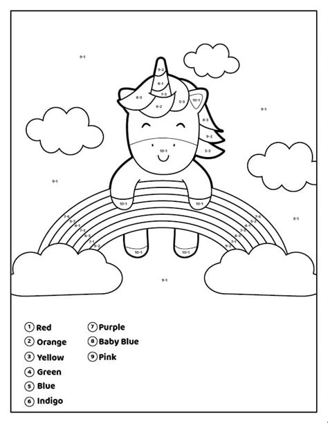 rainbow unicorn color  number coloring page  printable coloring