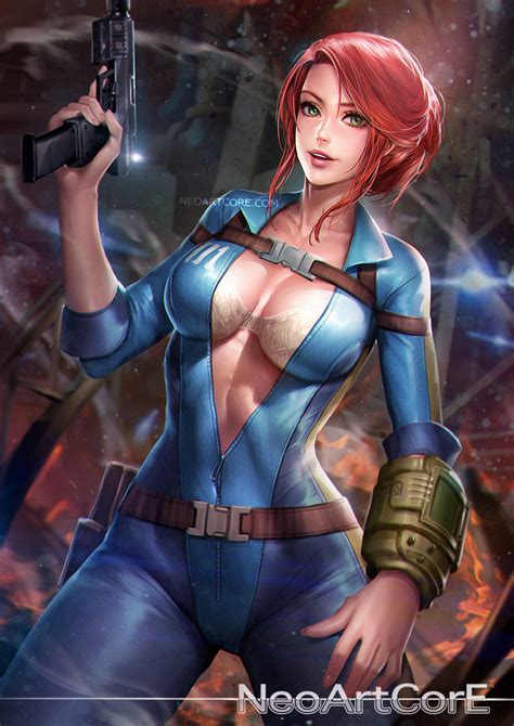 1girl belt bra breasts cleavage fallout fallout 3 fallout 4 green eyes gun large breasts lips