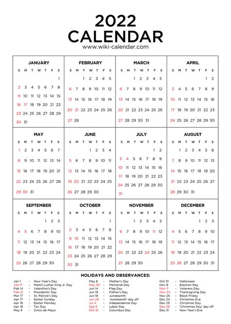 year  calendar printable  holidays wiki calendar