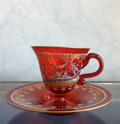 Moser Ruby Glass Cup And Saucer ‘venetian’ Scenes C 1925 Moorabool