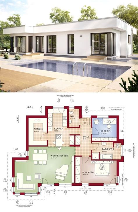 bungalow haus modern mit flachdach architektur im bauhausstil  zimmer grundriss  qm klein