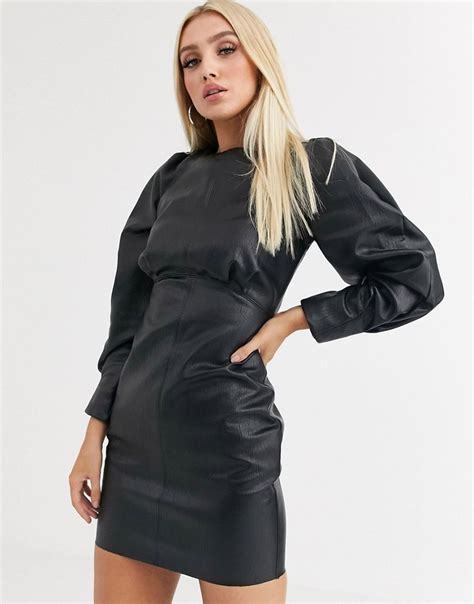 asos design leather  gathered shoulder mini dress black modesens