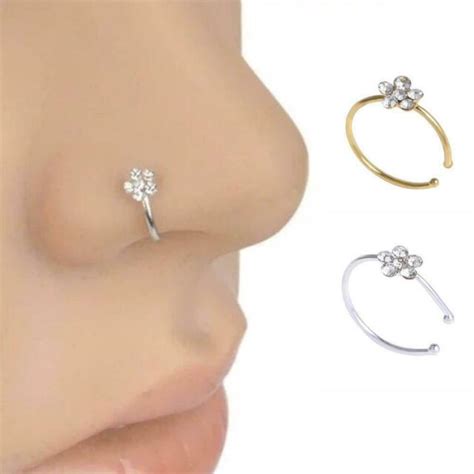 9mm Women Flower Nose Ring Fake Hoop Rhinestone Body Jewelry T