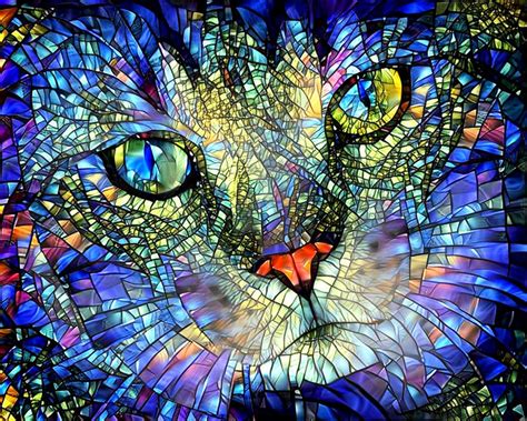 Colorful Cat Art Stained Glass Art Cat Print Cat Wall Art