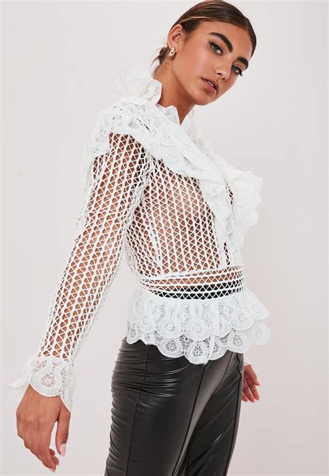 White Lace Ruffle Long Sleeve Top Missguided Ireland