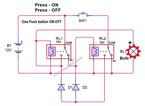 single push button   relay latching switch circuit diagram