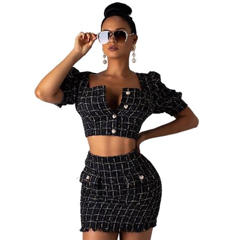 Casual Plaid Tweed Women Set Short Sleeve Square Collar Crop Top With