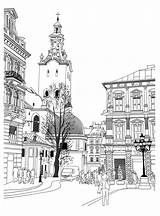 Coloring Sketch Ville City Coloriage Pages Illustration Vector Stock Lviv Adulte Ukraine Building Colorier Dessin Historical Paris Imprimer Drawing Castle sketch template