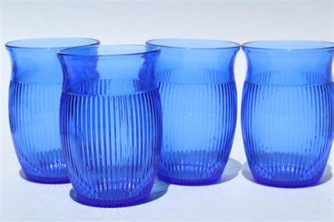 Vintage Cobalt Blue Depression Glass Tumblers Hazel Atlas Fine Rib