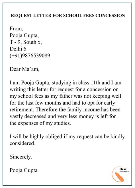 request letter  school fees concession   informal letter