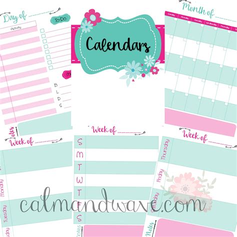 calendar planner pages daily page weekly view monthly view  printable calm wave