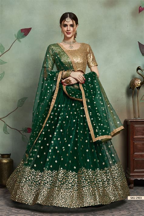 buy dark green net sequins wedding lehenga  uk usa  canada