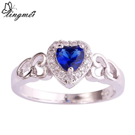 Lingmei Wholesale Heart Cut Blue And White Cz Silver Color Ring Size 6 7