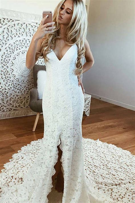 sexy mermaid spaghetti straps backless beach lace wedding dress lace
