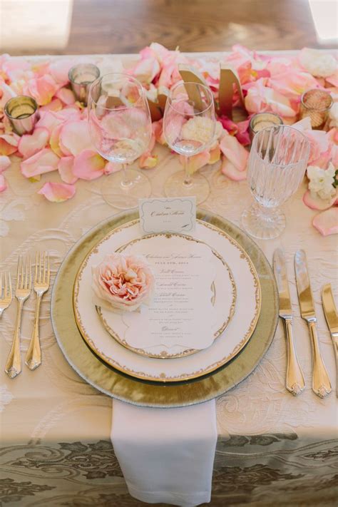 pink  gold place setting head tables brides