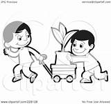 Coloring Outline Two Boys Pushing Clipart Cart Plant Illustration Royalty Rf Perera Lal sketch template