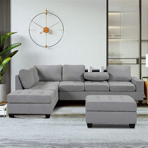 piece convertible sectional sofa  shaped couch  reversible chaise lounge storage ottoman