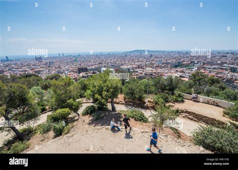 view   crosses hill  famous park guell  carmel hill  barcelona spain stock photo