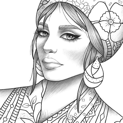 adult coloring page girl portrait  clothes colouring sheet etsy
