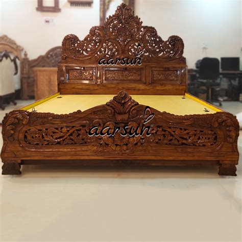 carved wooden bed natural finish yt