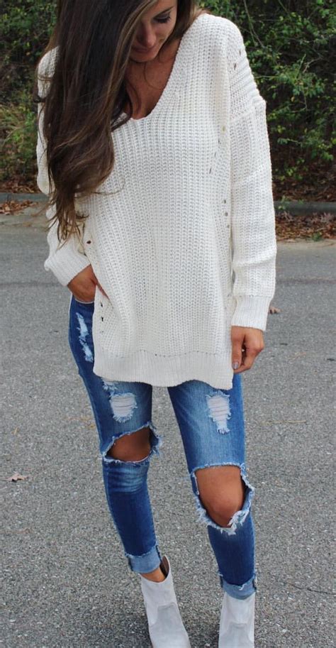 White Oversized Sweater With Blue Jeans Cute Ripped