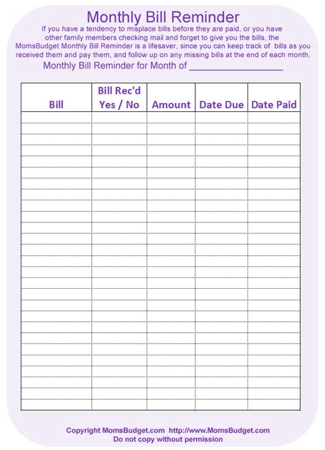 monthly bill reminder worksheet  printable moms budget monthly