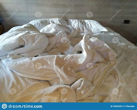 Close Up Crumpled Or Messy Bed After Sex Make Love Of Couple White