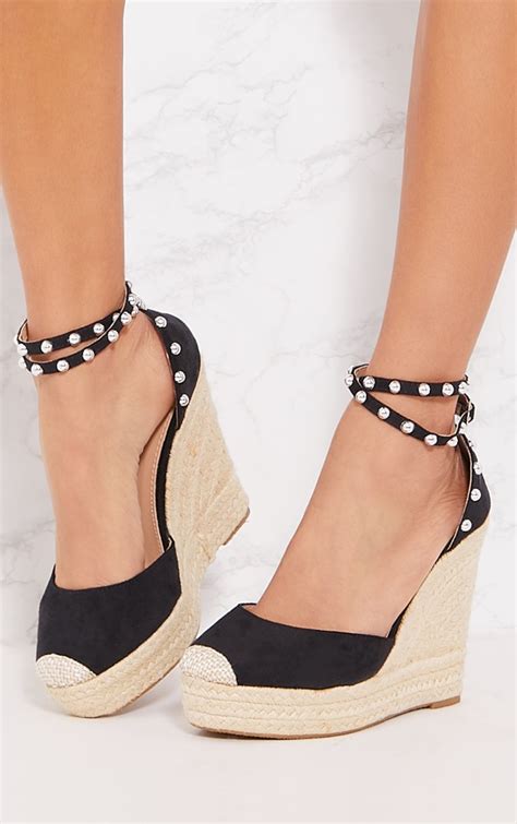 black studded wedge shoes prettylittlething