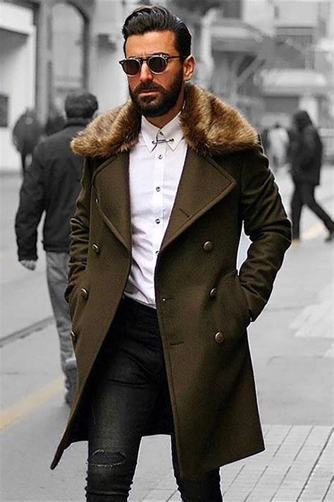 mens middle fashion coat  turndown fur collar long coat long
