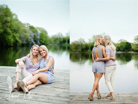 lesbian engagement photos on the lake loving the outfits