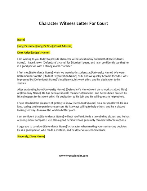 printable character witness letter templates  court judge