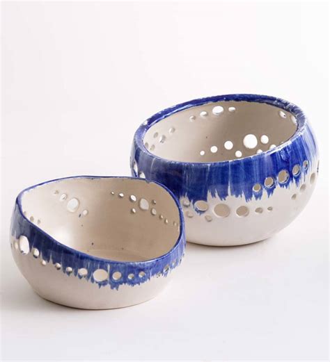 ceramic organic shaped serving bowls set   blue vivaterra
