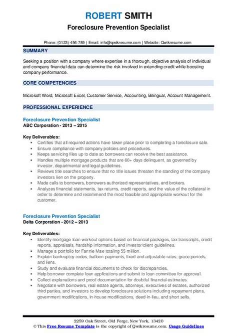 foreclosure prevention specialist resume samples qwikresume