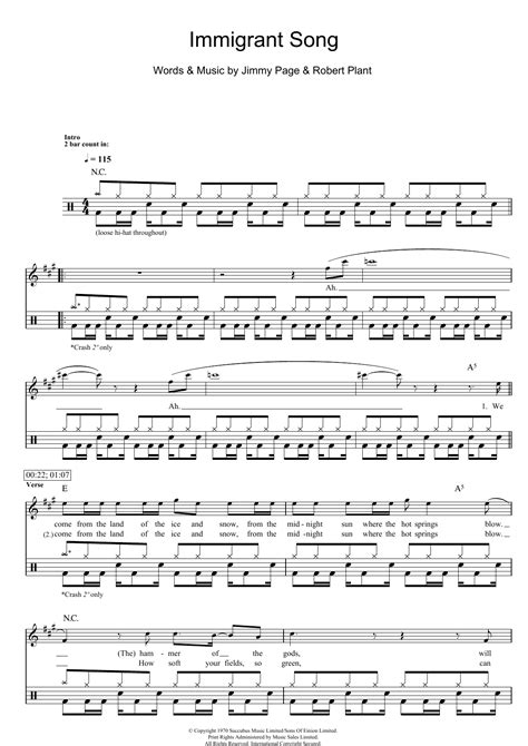 Immigrant Song Sheet Music Led Zeppelin Drums